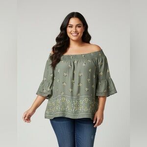 Maurices women’s  size 2X 3/4 bell sleeve off shoulder green floral printed top